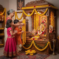 Go Hooked yellow artificial marigold flower garlands decorating a wooden altar with Ganesha.