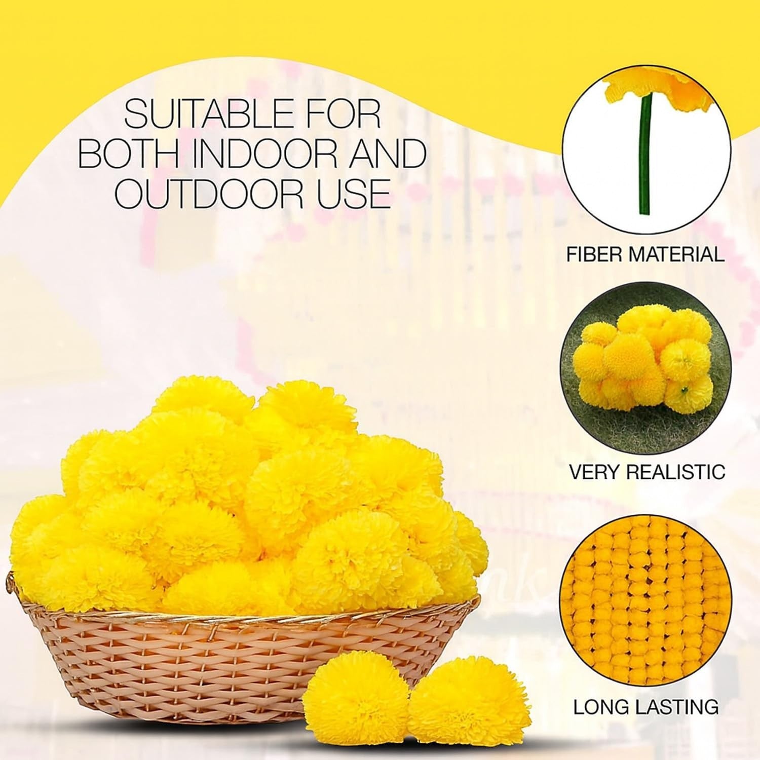 Go Hooked yellow artificial marigold flower garlands, made of fiber material, realistic and long-lasting for indoor/outdoor decor.