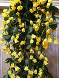 GoHooked yellow artificial rose orchid flower bunch with green leaves, silk and plastic construction, 50cm length.