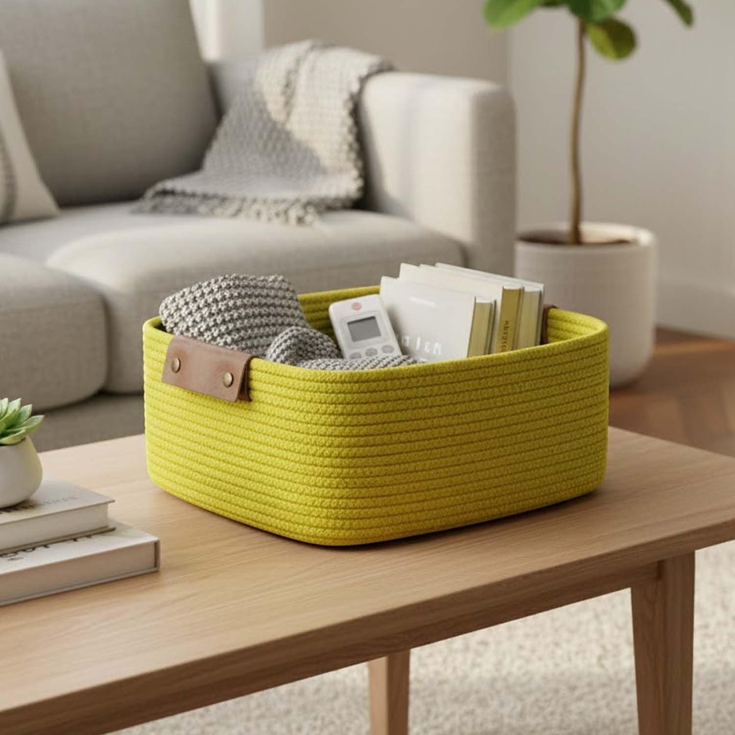GoHooked rectangular cotton rope storage basket in bright yellow with brown PU leather handles, holding books and a remote.
