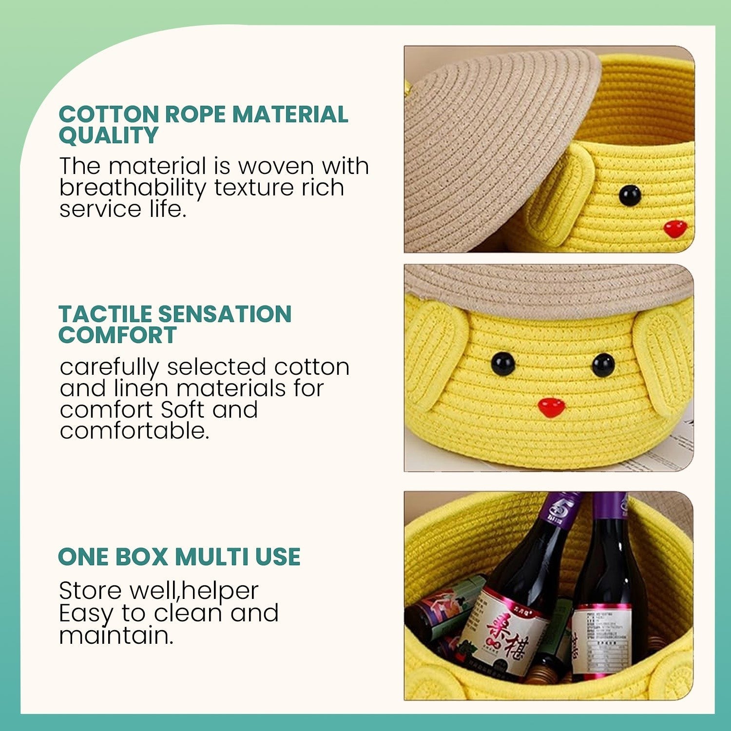 GoHooked yellow cotton rope storage basket with a cute snowman face design and removable lid for nursery organization.