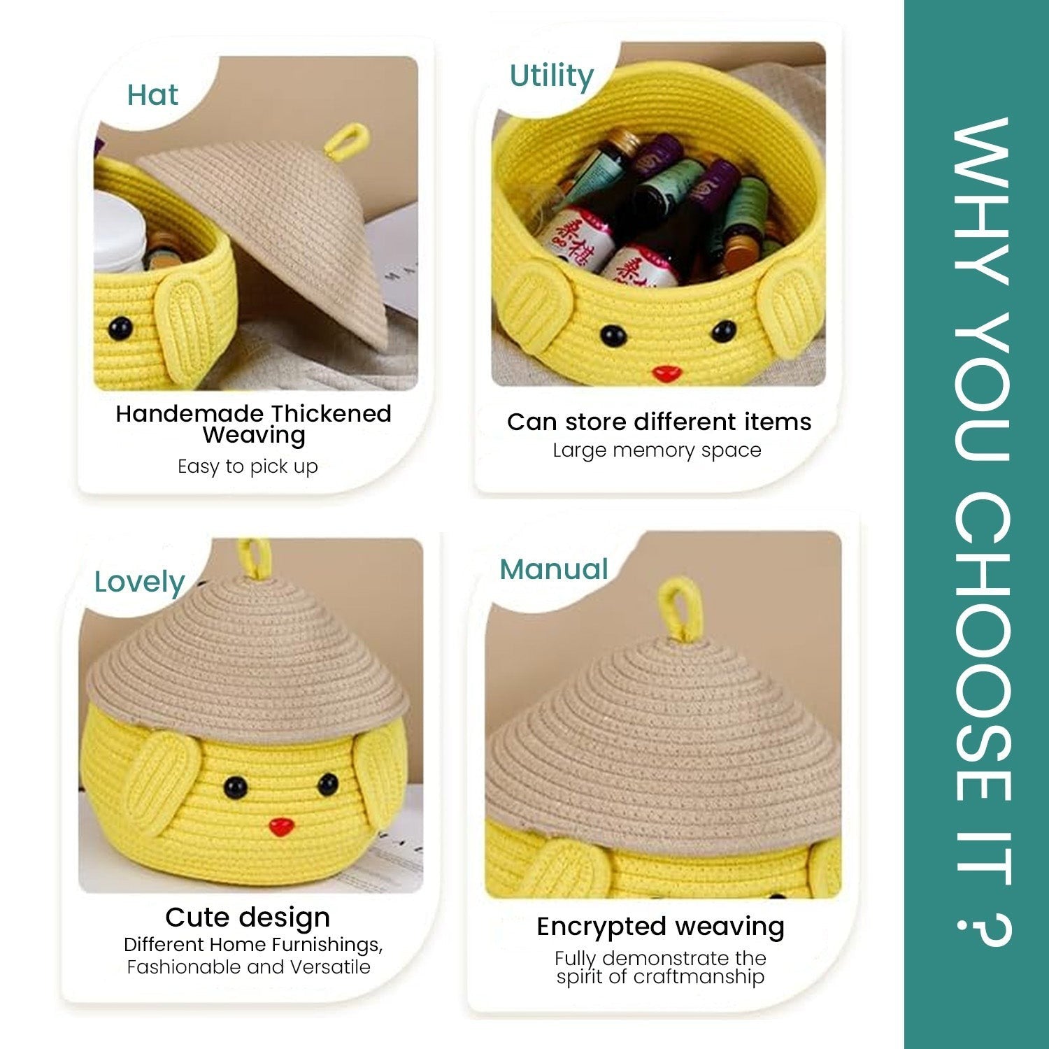 GoHooked yellow cotton rope storage basket with a cute snowman face design, removable lid, and durable woven texture.