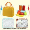 Go Hooked yellow Oxford cloth lunch bag with orange handles, insulated interior, and blue dinosaur print. Perfect for kids.
