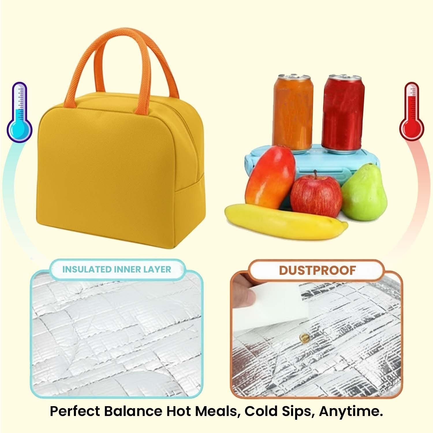 Go Hooked yellow Oxford cloth lunch bag with orange handles, insulated interior, and blue dinosaur print. Perfect for kids.