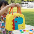 Go Hooked yellow Oxford cloth lunch bag with blue dinosaur print and orange handles, thermal insulated for kids.