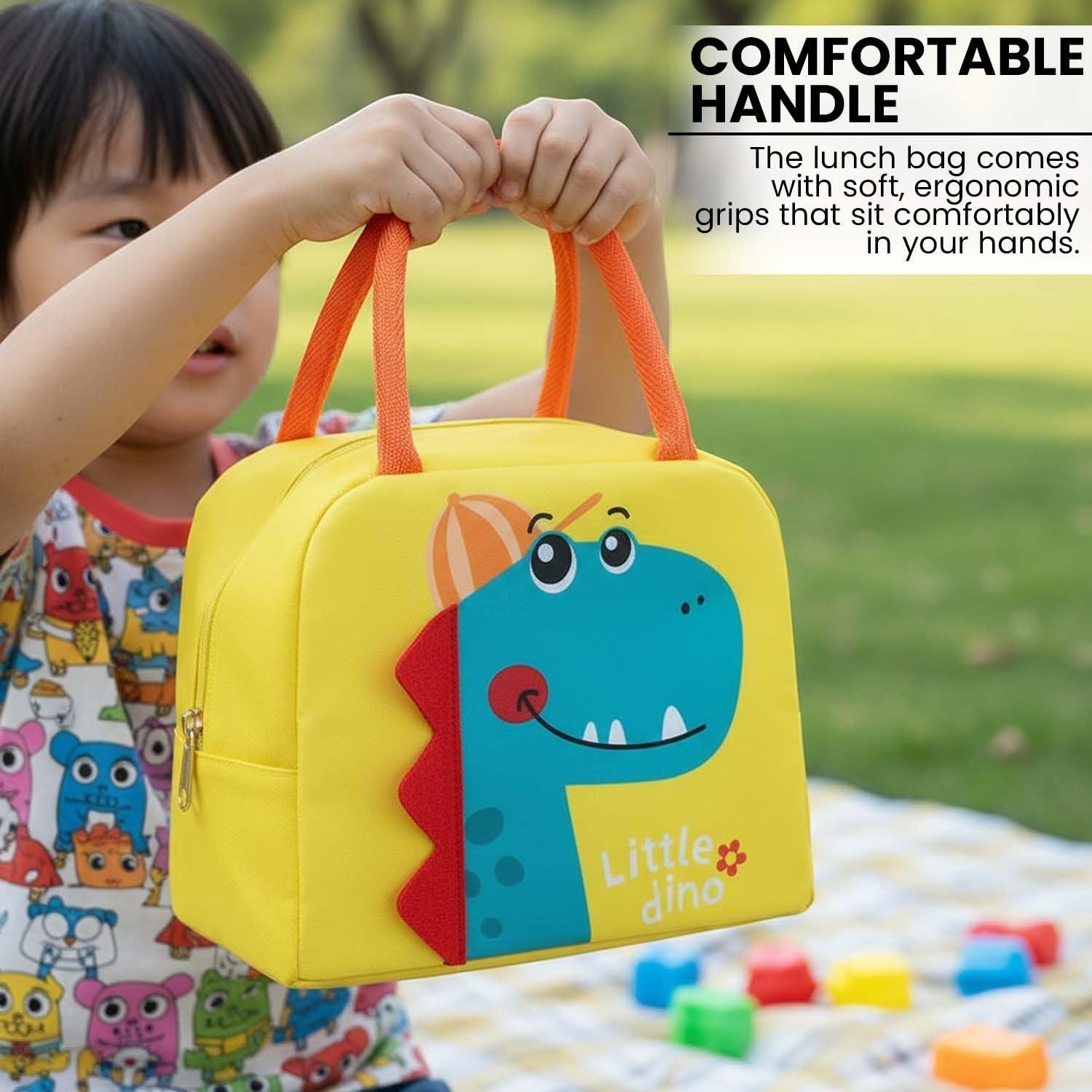 Go Hooked yellow Oxford cloth lunch bag with blue dinosaur print and orange handles, thermal insulated for kids.