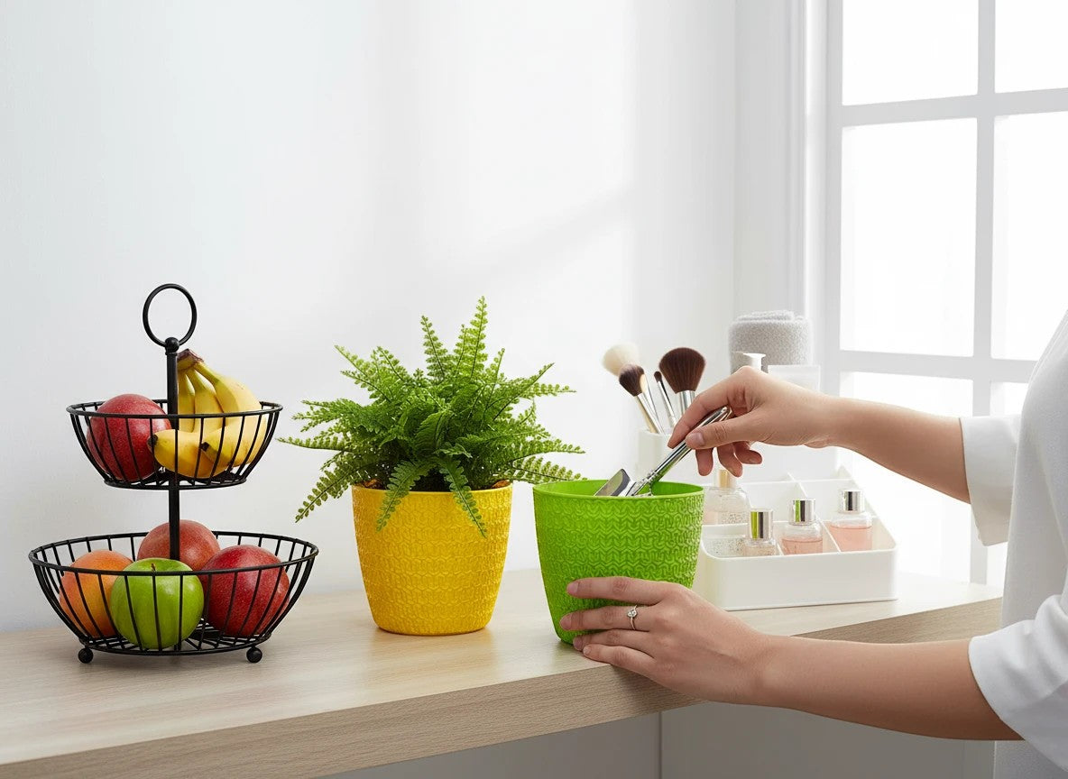 Go Hooked yellow and green textured plastic flower pots, 5.5 inch, pack of 3. Ideal for indoor/outdoor use.