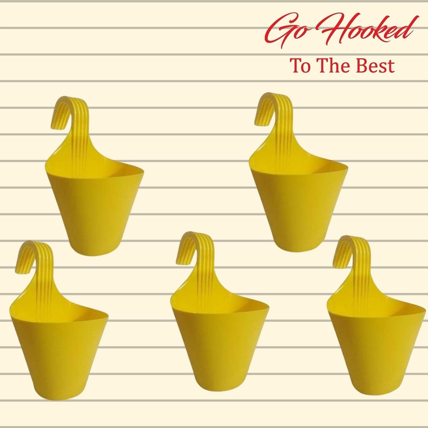 GoHooked yellow plastic hanging planters, set of 5, 22 cm diameter, ideal for balconies and vertical gardens.