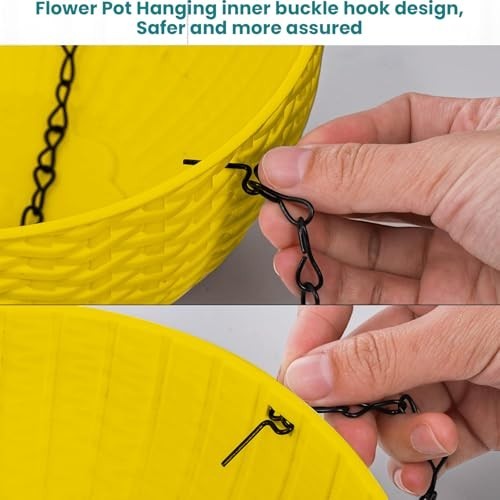 GoHooked yellow plastic hanging pot with woven texture and black chain detail. Set of 9.