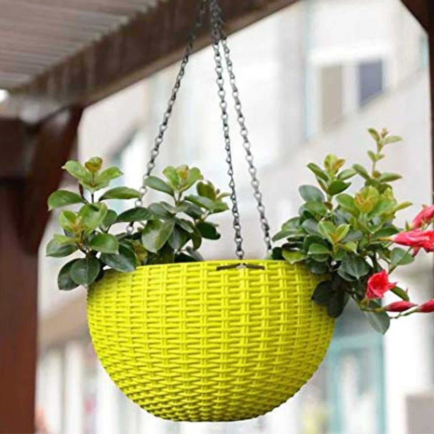 GoHooked yellow plastic hanging pot with woven texture, 7.1 inch diameter, 13 inch chain, set of 6.