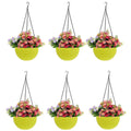 GoHooked yellow plastic hanging pots with woven texture, 7.1 inch diameter, filled with artificial pink, red, and purple flowers. Set of 6.