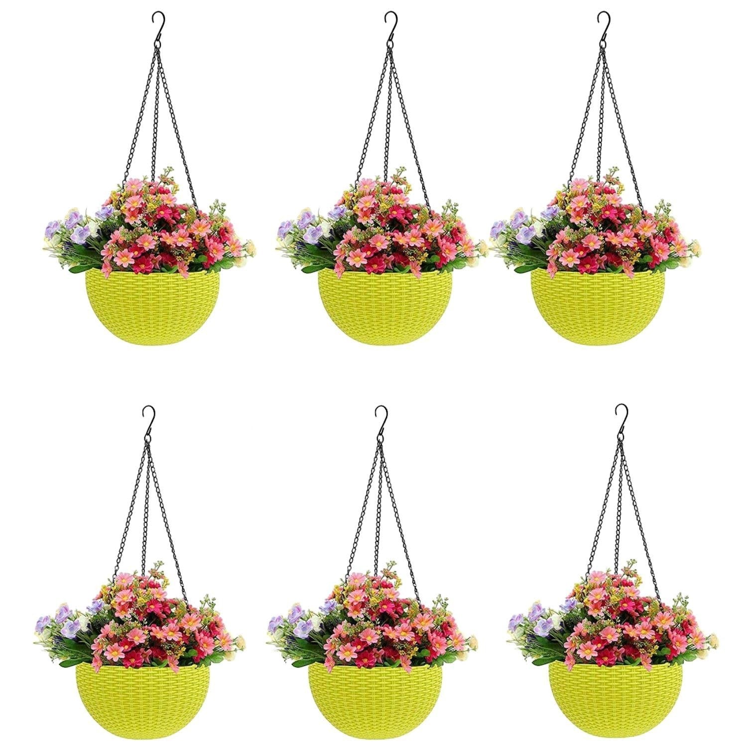 GoHooked yellow plastic hanging pots with woven texture, 7.1 inch diameter, filled with artificial pink, red, and purple flowers. Set of 6.