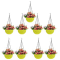 GoHooked yellow hanging pots with woven texture, 7.1 inch diameter, filled with pink and purple flowers. Set of 9.