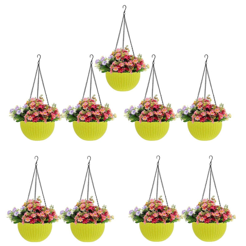 GoHooked yellow hanging pots with woven texture, 7.1 inch diameter, filled with pink and purple flowers. Set of 9.