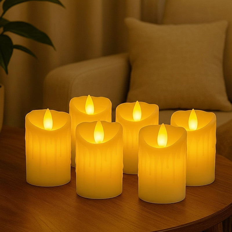 GoHooked set of 6 yellow acrylic LED tea light candles with flickering flame effect.