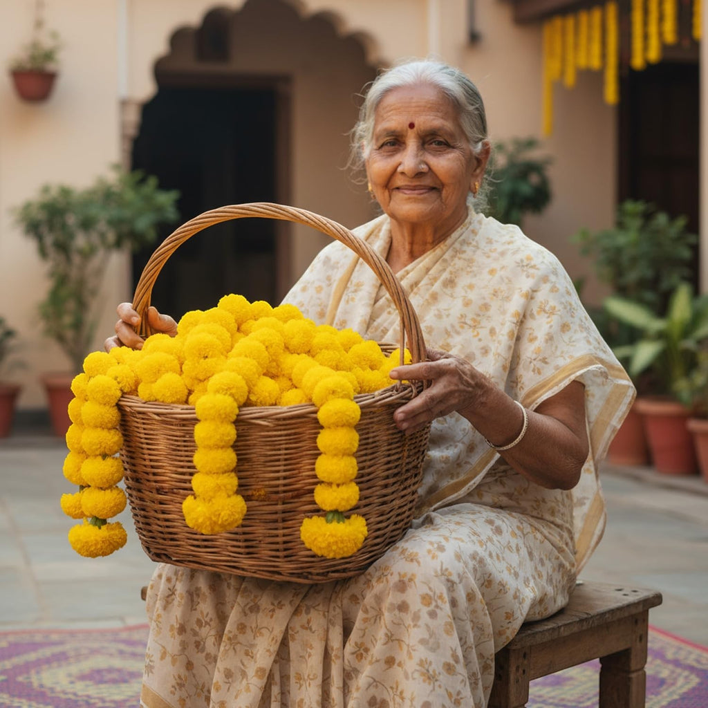 Go Hooked yellow marigold artificial flower garlands in a basket held by an elderly woman.