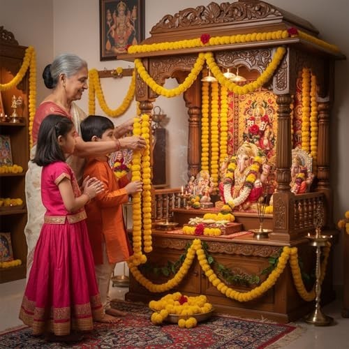 GoHooked yellow marigold artificial flower garlands decorating a wooden pooja mandir with a family.