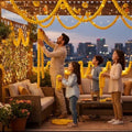 Go Hooked yellow marigold artificial flower garlands decorating a balcony for a special occasion. Pack of 10, 5 feet each.