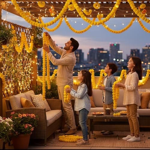 Go Hooked yellow marigold artificial flower garlands decorating a balcony for a special occasion. Family enjoys festive decor.