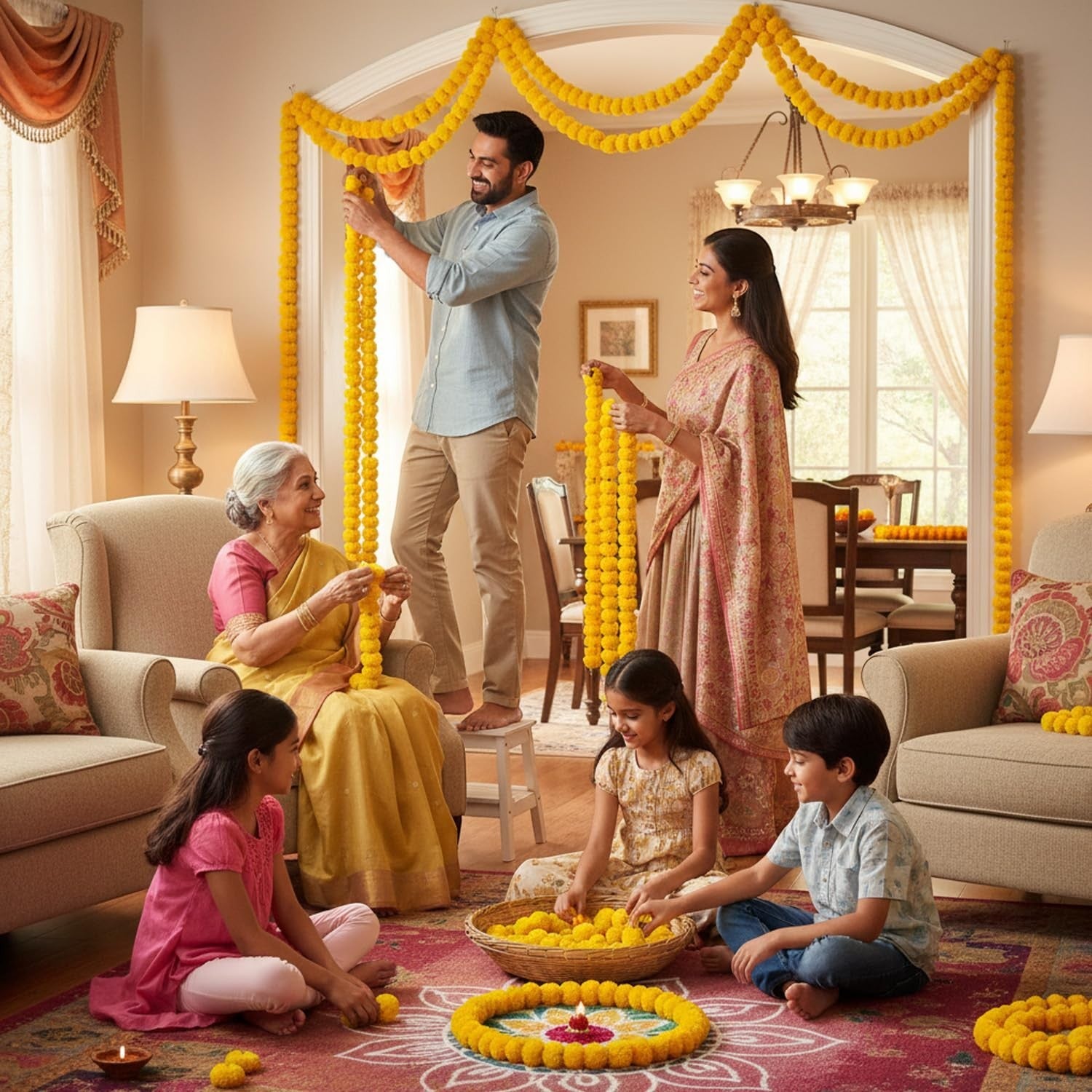 Go Hooked yellow marigold artificial flower garlands decorating a home for a festival. A family is setting them up.