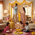GoHooked yellow marigold artificial flower garlands decorating a room for a festival, with a family assembling them.