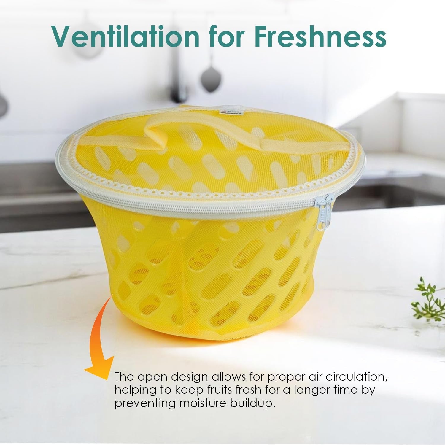 GoHooked yellow plastic mesh storage basket with zip closure and handle. Breathable design for fruits and vegetables.