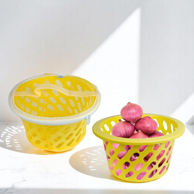 GoHooked yellow plastic mesh storage basket with zip closure and handle, shown with and without onions.