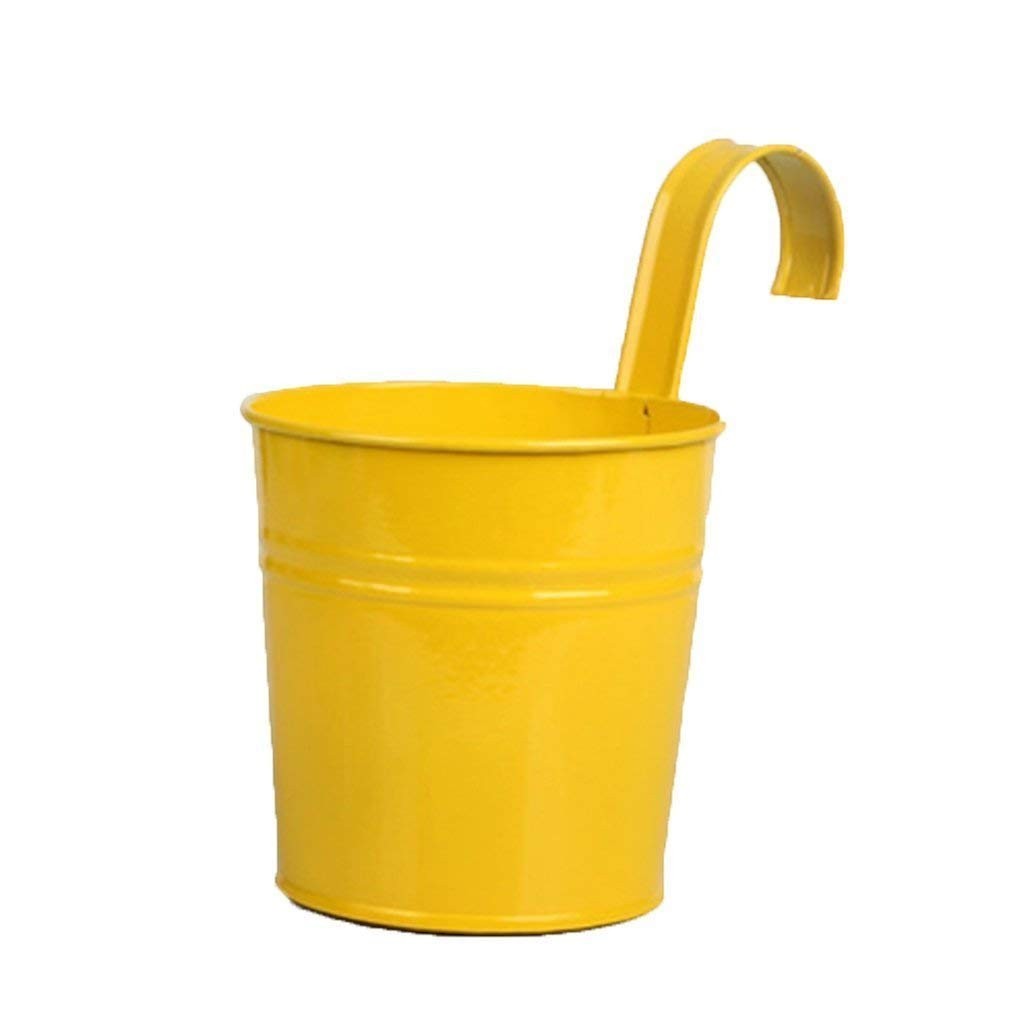 GoHooked yellow metal hanging planter pot with curved hook for balcony or railing. Set of 5.