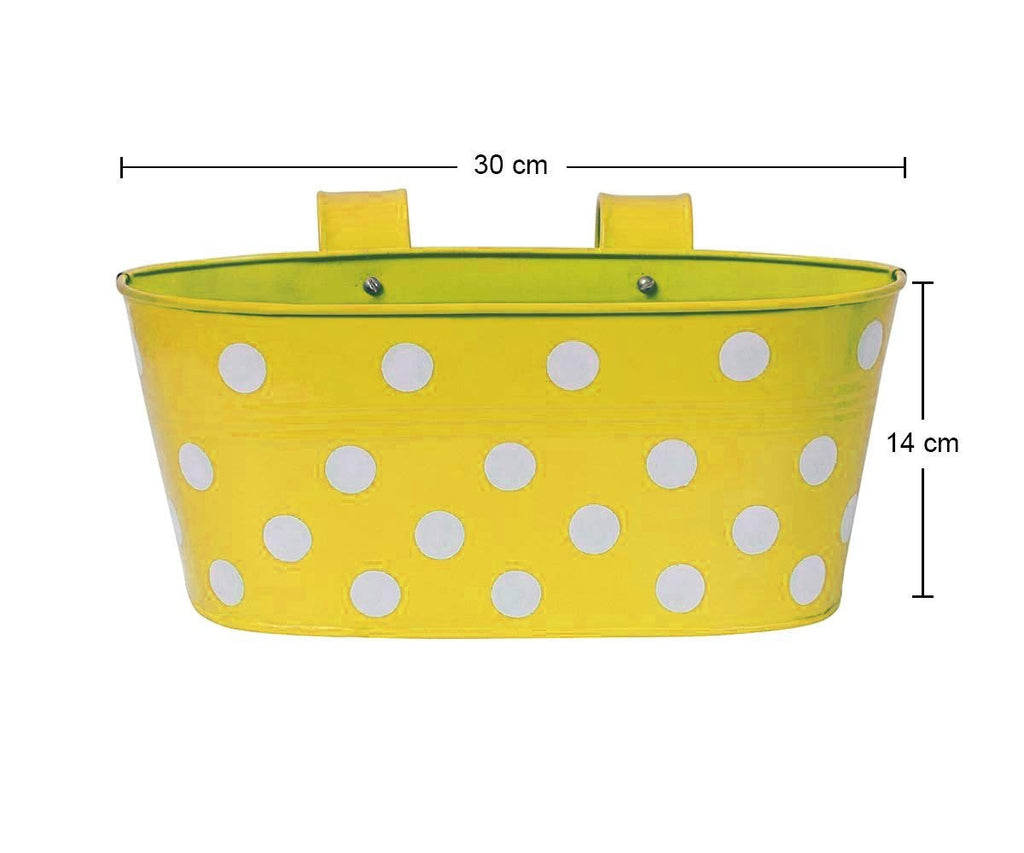 GoHooked yellow metal oval hanging planter with white polka dots, 12 inch size.