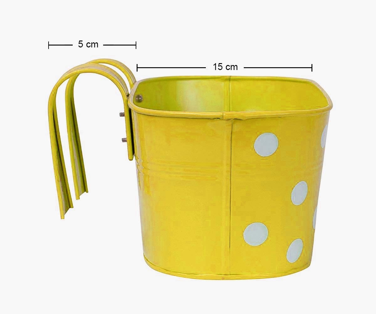 GoHooked yellow metal railing planter with white polka dots and detachable double hooks. 12-inch weatherproof pot.