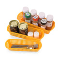 GoHooked yellow plastic drawer organizers with perforated design holding spices, cans, salt & pepper shakers, and cutlery.