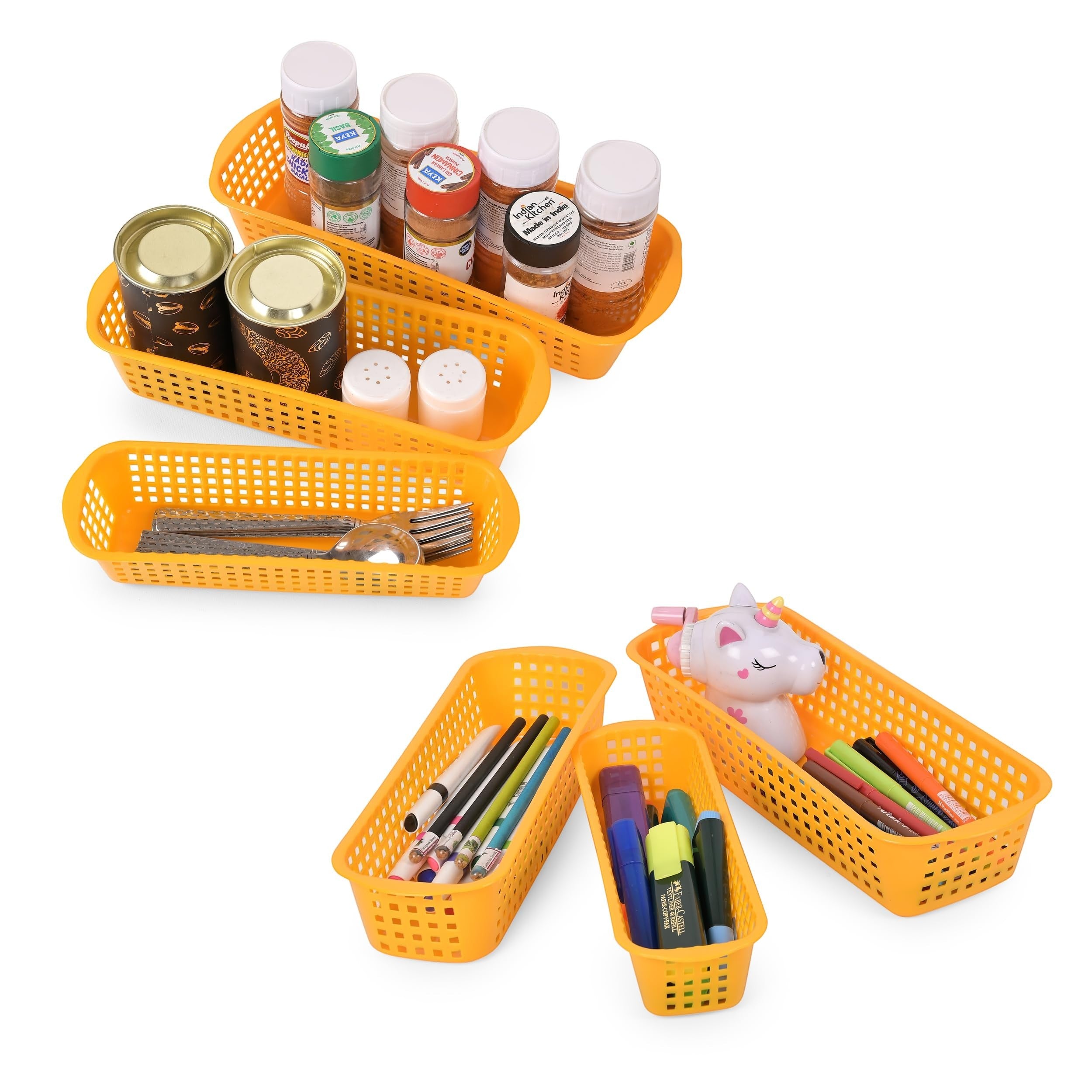 GoHooked yellow plastic drawer organizers with perforated design, shown holding spices, cutlery, pens, and a unicorn toy.