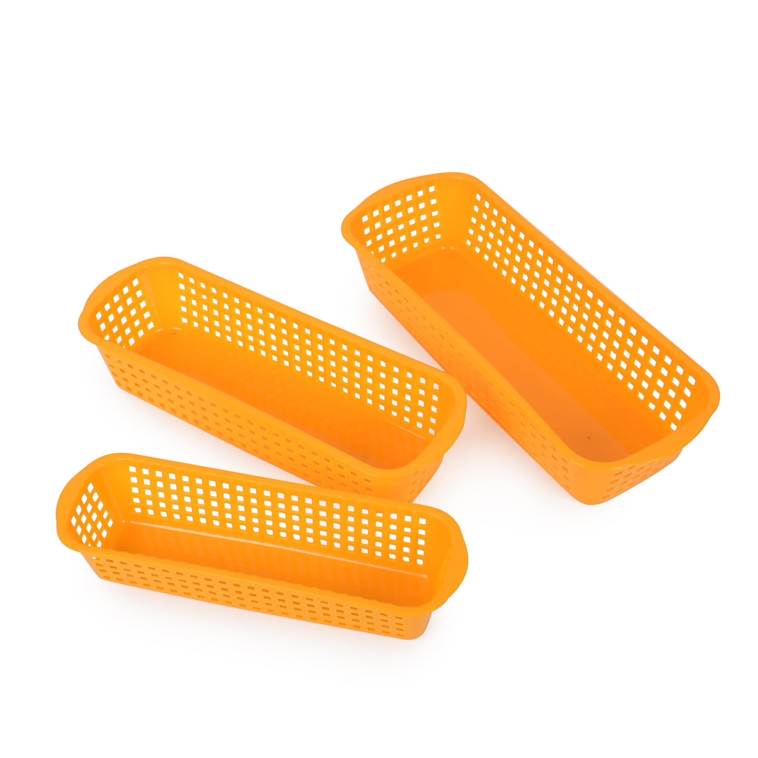 GoHooked set of 3 yellow plastic rectangular drawer organizers with perforated sides.