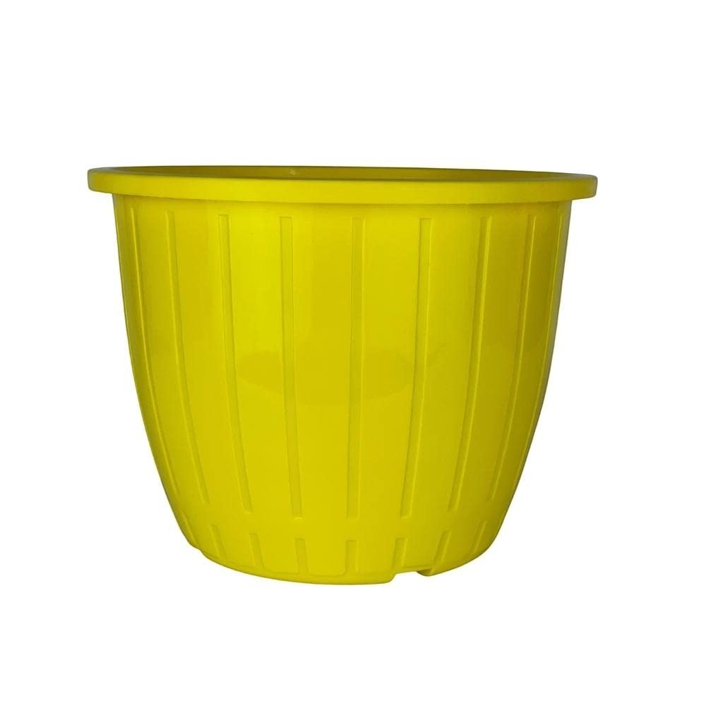 GoHooked yellow 10-inch durable plastic flower pot with vertical ribbed texture and wide rim. Lightweight planter for indoor/outdoor use.