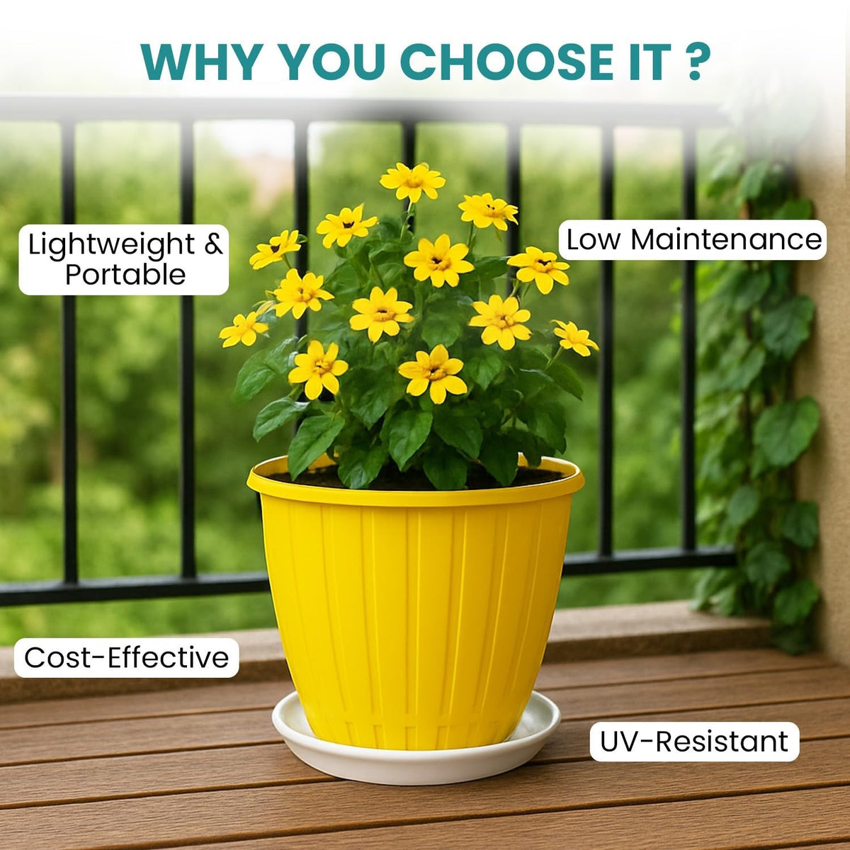 GoHooked yellow plastic planter pot with yellow flowers, 8 inch, includes tray. Lightweight, UV-resistant, cost-effective.