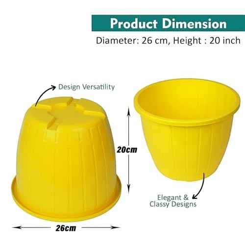 Go Hooked yellow plastic Duro flower pot, 10-inch diameter, 20cm height, lightweight and durable for indoor/outdoor gardening.