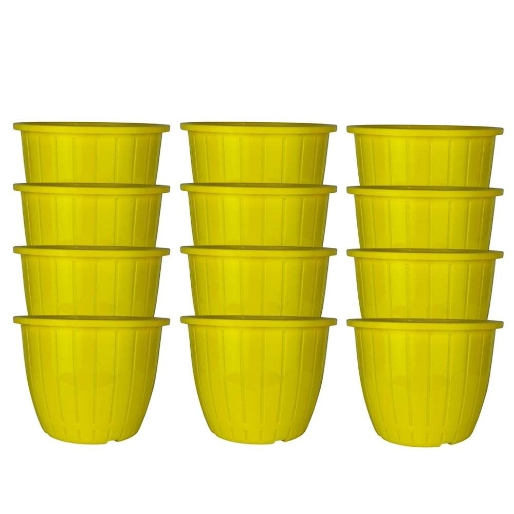 GoHooked yellow plastic Duro flower pots, 10-inch diameter, pack of 12. Lightweight and durable for indoor/outdoor gardening.