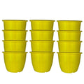 GoHooked yellow plastic Duro flower pots, 10-inch diameter, pack of 12. Lightweight and durable for indoor/outdoor gardening.