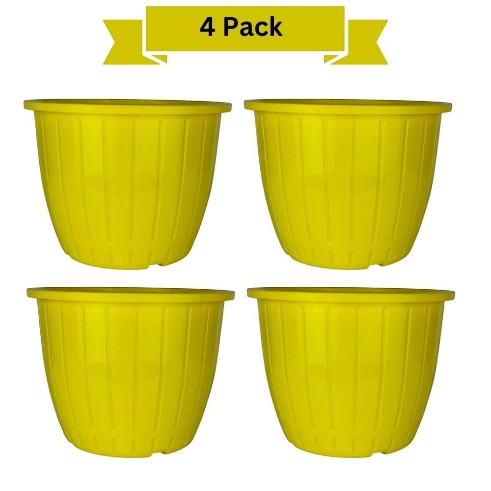 GoHooked yellow plastic Duro flower pots, 10 inch, pack of 4. Lightweight and durable for indoor/outdoor gardening.