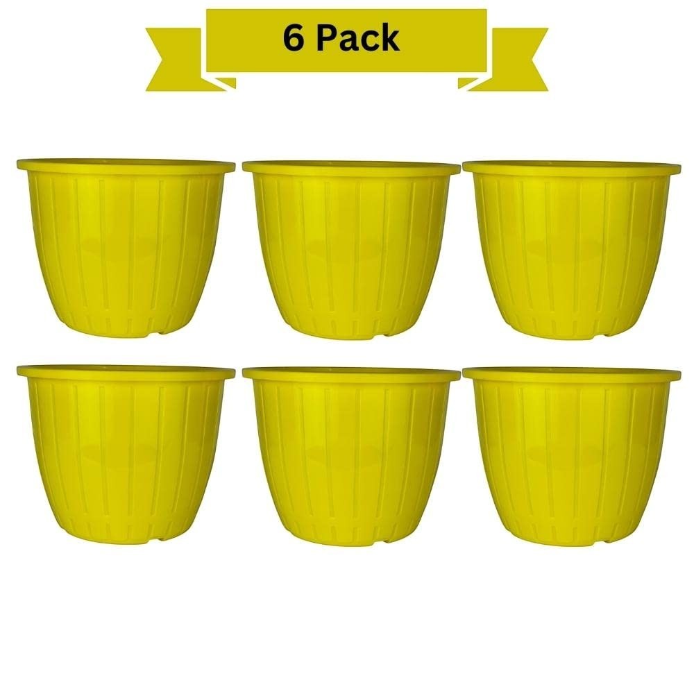 GoHooked yellow 10-inch plastic duro flower pots, pack of 6. Lightweight and durable for indoor/outdoor gardening.