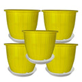 GoHooked yellow plastic flower pots, 8 inch, pack of 5 with trays, for indoor/outdoor gardening.