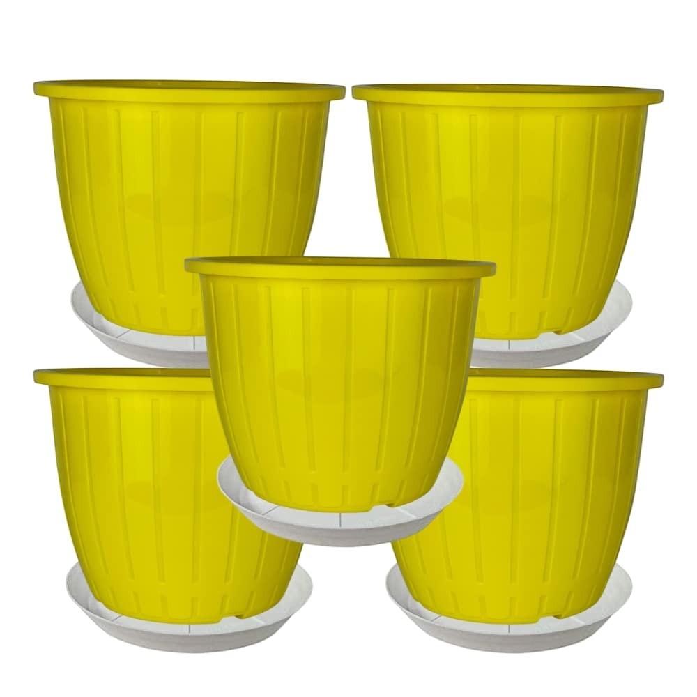 GoHooked yellow plastic flower pots, 8 inch, pack of 5 with trays, for indoor/outdoor gardening.