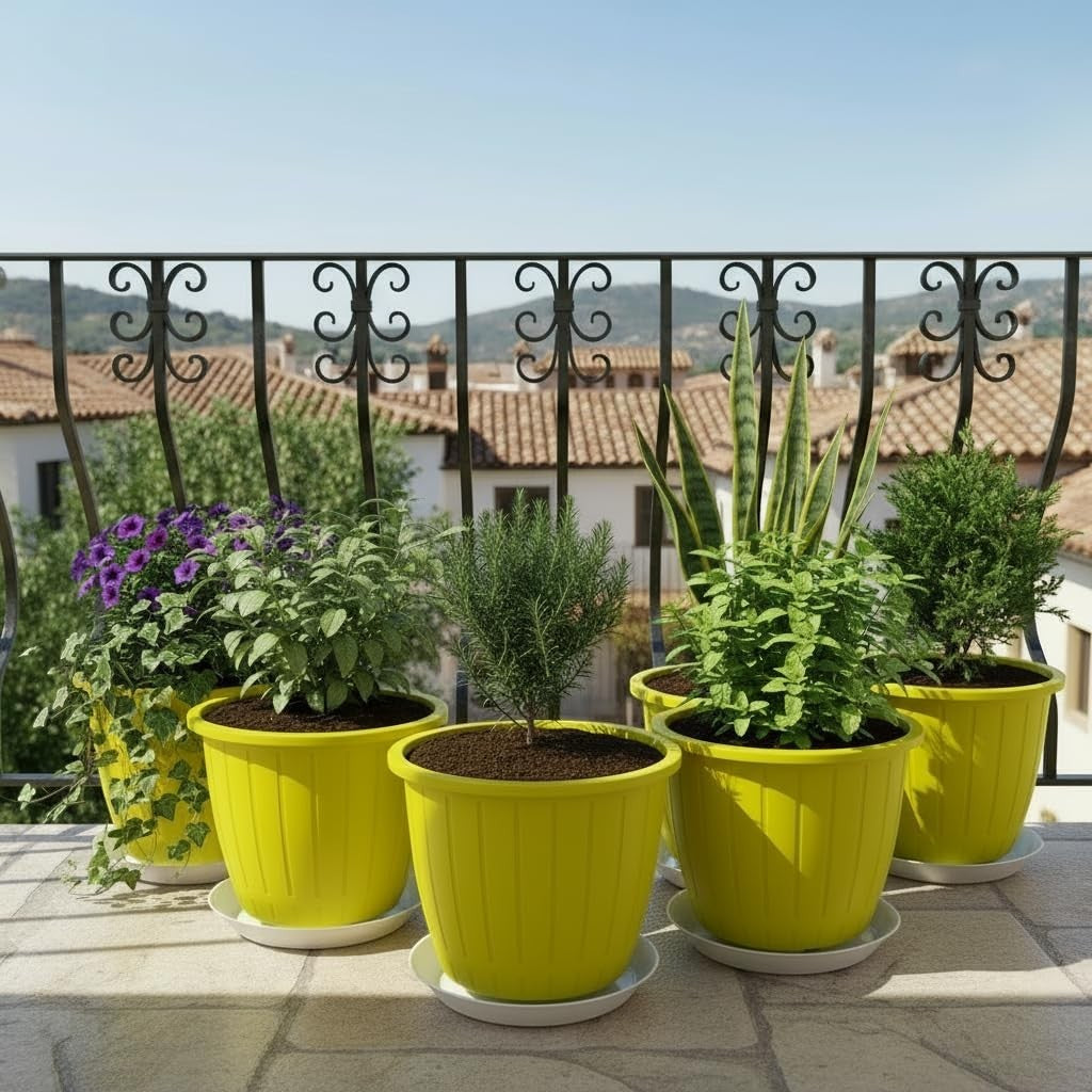 GoHooked yellow 8-inch plastic flower pots with white trays, set of 6, for indoor/outdoor gardening.
