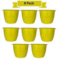GoHooked yellow plastic Duro flower pots, 10-inch, pack of 8. Lightweight, durable, and suitable for indoor/outdoor gardening.