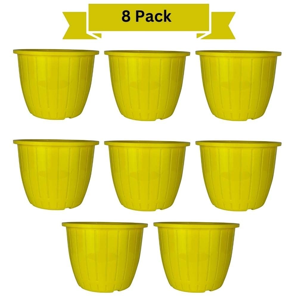 GoHooked yellow plastic Duro flower pots, 10-inch, pack of 8. Lightweight, durable, and suitable for indoor/outdoor gardening.