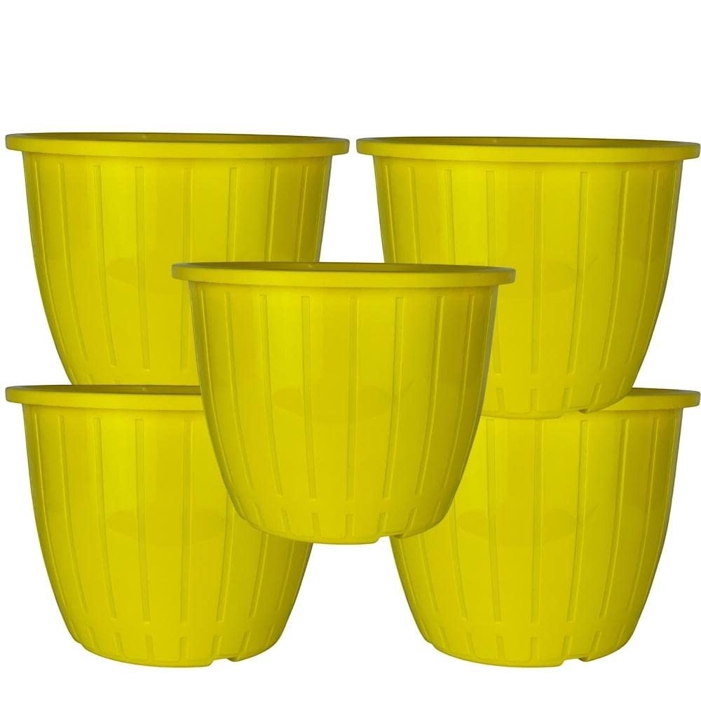 GoHooked yellow plastic Duro flower pots, 10-inch diameter, pack of 5. Lightweight, durable, and suitable for indoor/outdoor gardening.