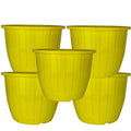 GoHooked yellow plastic Duro flower pots, 10-inch diameter, pack of 5. Lightweight, durable, and suitable for indoor/outdoor gardening.