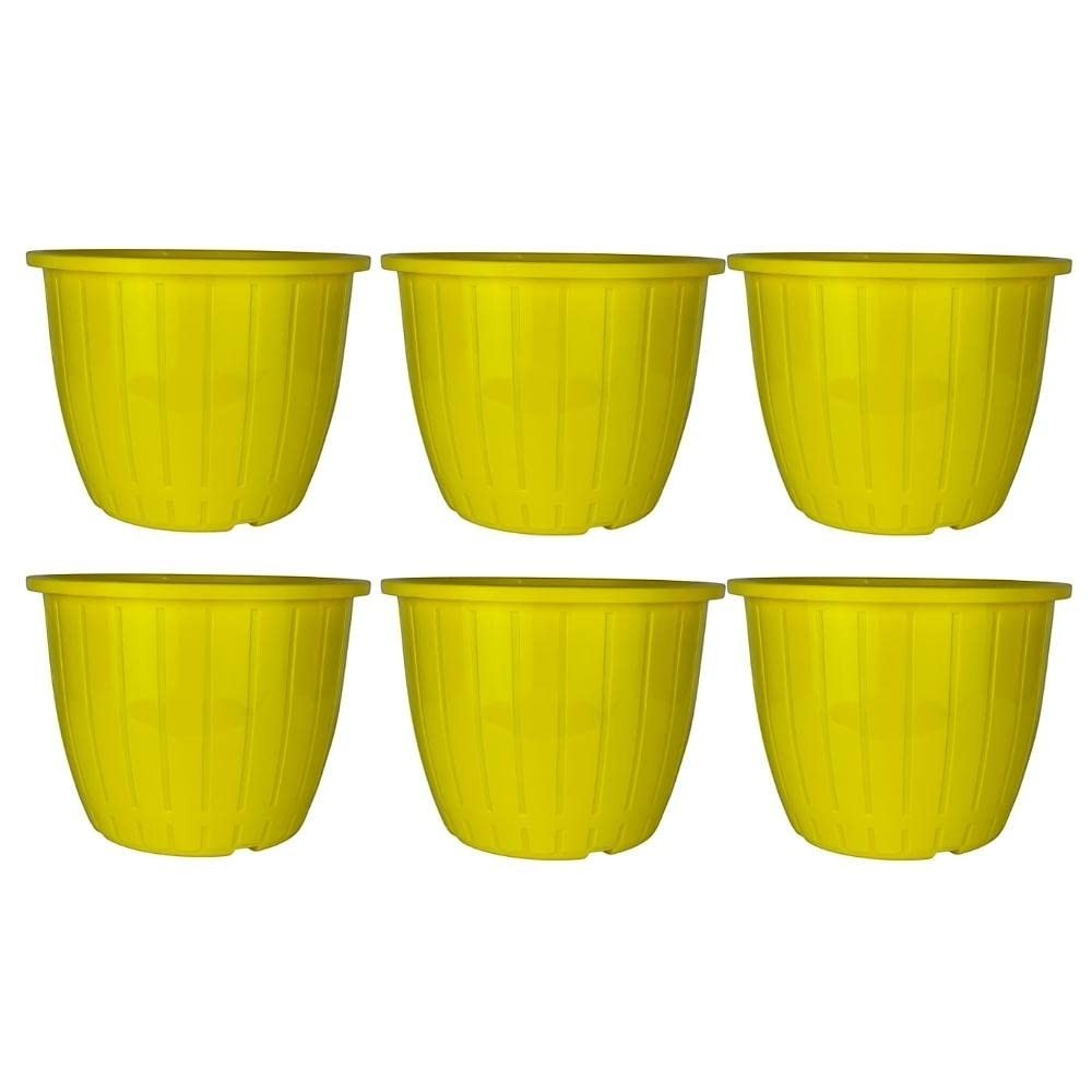 GoHooked yellow 10-inch plastic Duro flower pots, pack of 6. Lightweight, durable, and suitable for indoor/outdoor gardening.