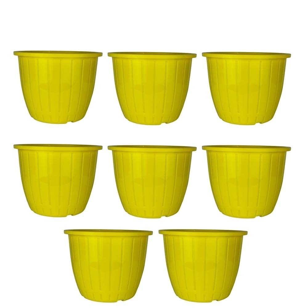 GoHooked yellow plastic Duro flower pots, 10-inch, pack of 8. Lightweight, durable, and suitable for indoor/outdoor gardening.
