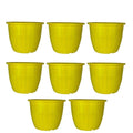 GoHooked yellow plastic Duro flower pots, 10-inch, pack of 8. Lightweight, durable, and suitable for indoor/outdoor gardening.